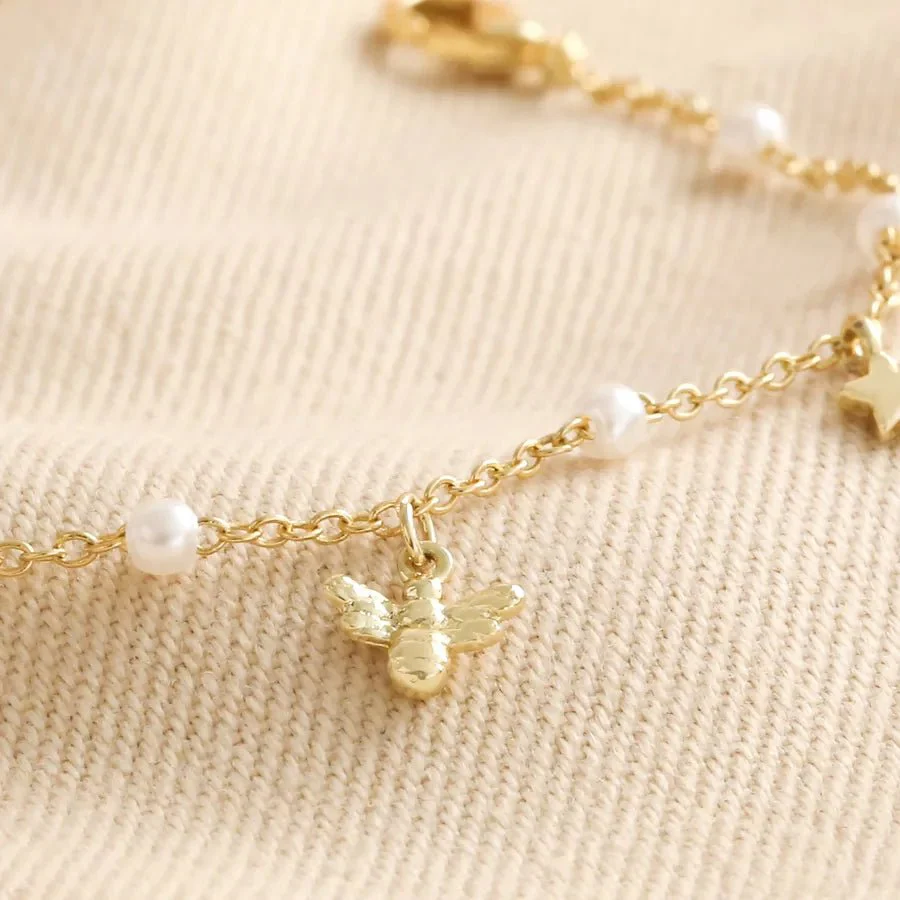 Lisa Angel Bee, Pearl, Butterfly and Heart Charm Bracelet in Gold - Image 2