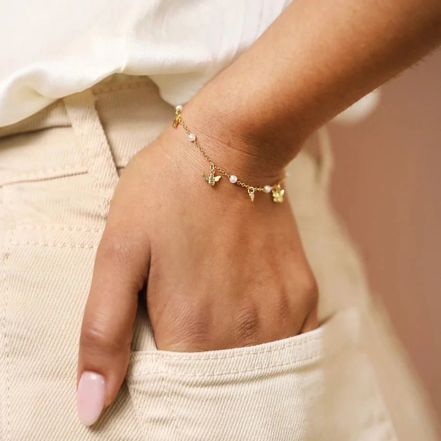 Lisa Angel Bee, Pearl, Butterfly and Heart Charm Bracelet in Gold - Image 3