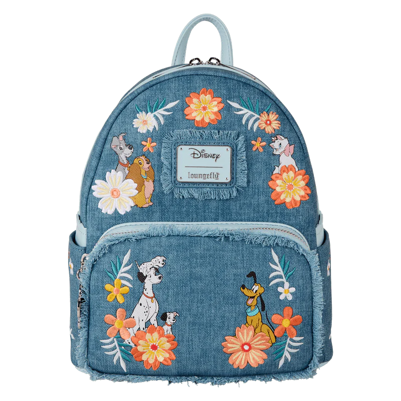 Loungefly Disney Dogs & Cats Floral Faux Denim Fringe Mini Backpack