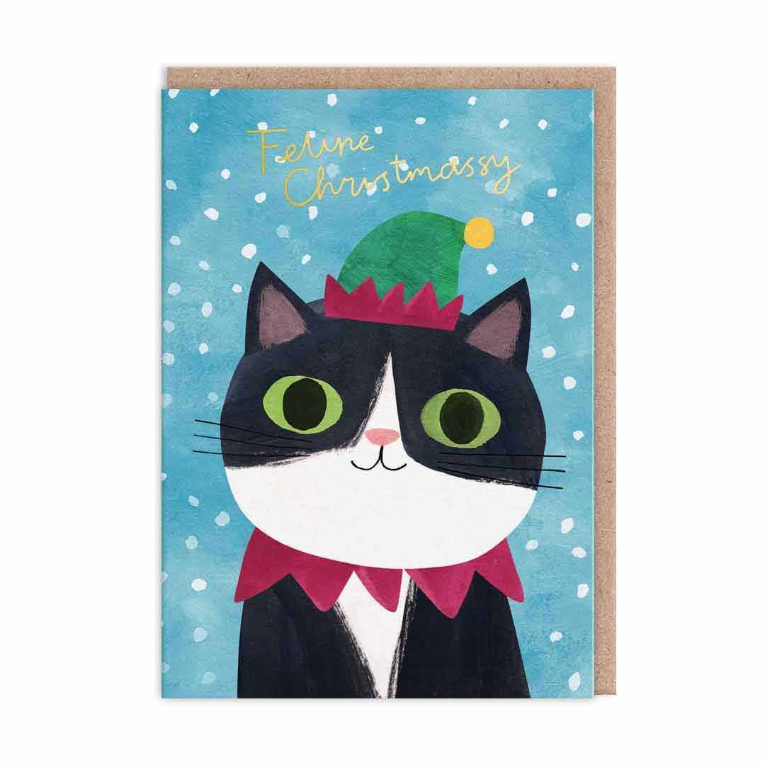 Elf Hat Cat Christmas Card