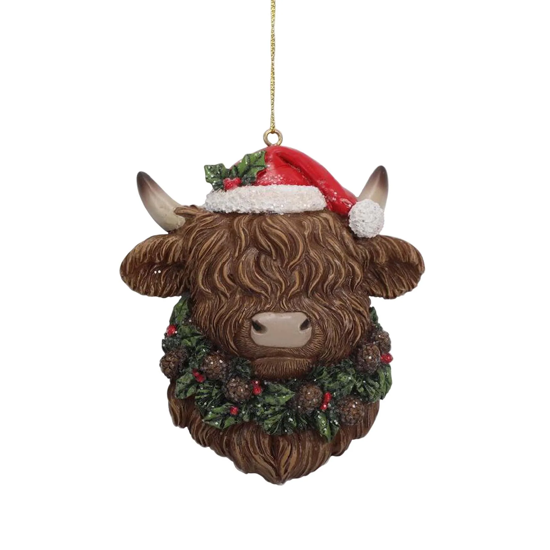 Highland Cow Head Santa Hat Hanging Decoration β 12cm