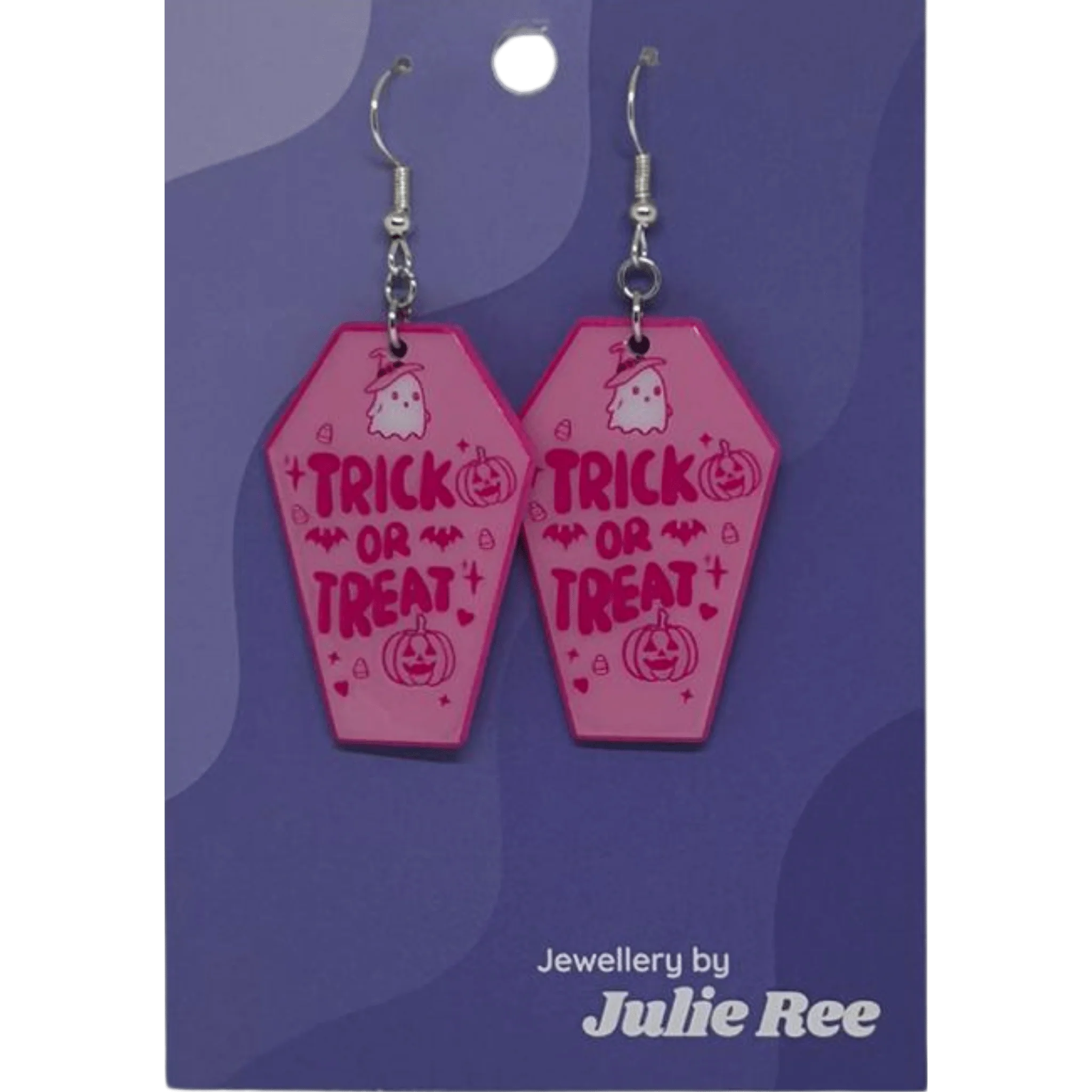 Julie Ree Earrings - Pink Trick Or Treat Coffin