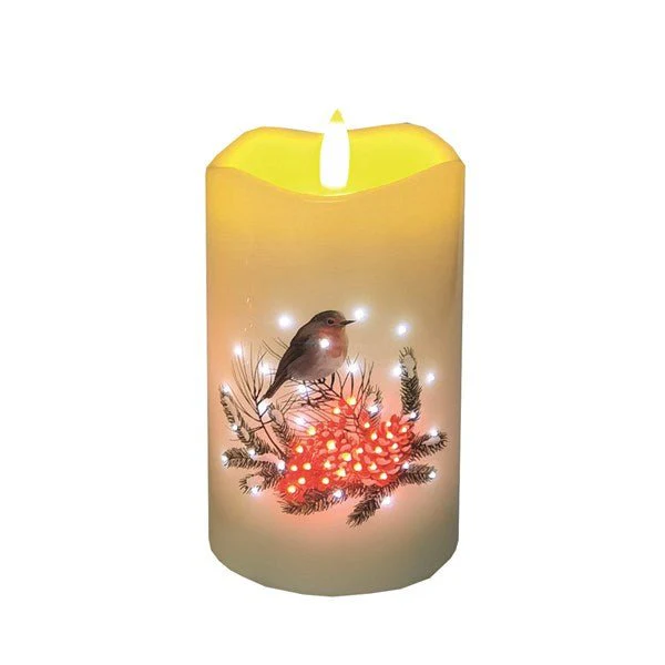 LED Robin Pillar Candle β 7.5 x 12.5cm