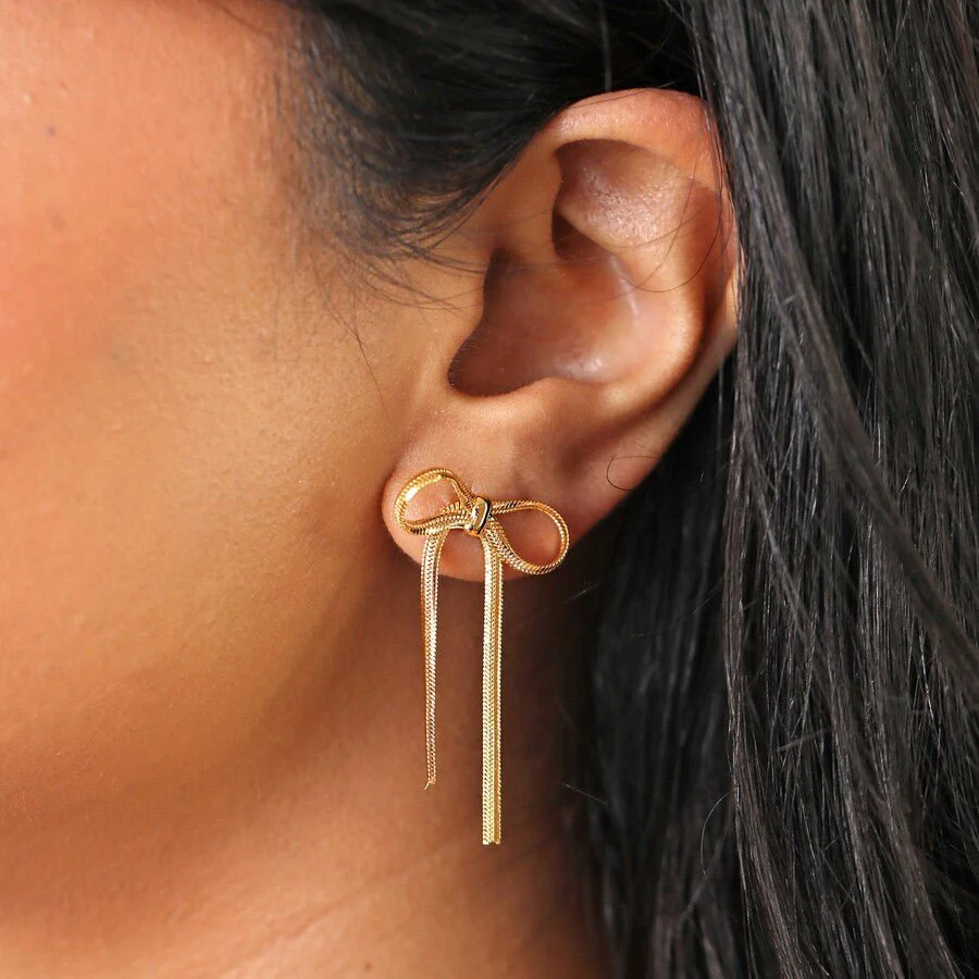 Lisa Angel Bow Snake Chain Statement Stud Earrings – Gold - Image 2