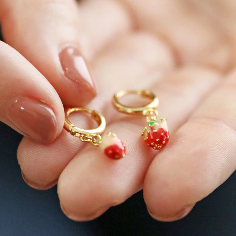 Lisa Angel Enamel Strawberry Huggie Hoop Earrings – Gold - Image 2