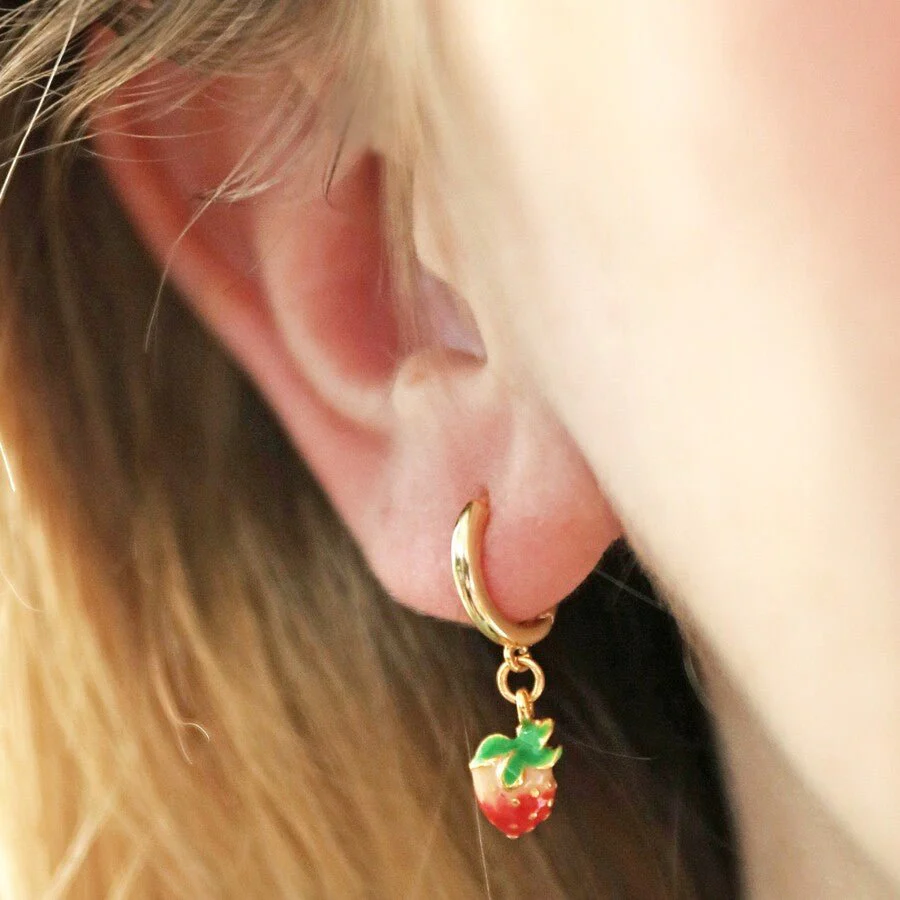 Lisa Angel Enamel Strawberry Huggie Hoop Earrings – Gold - Image 5