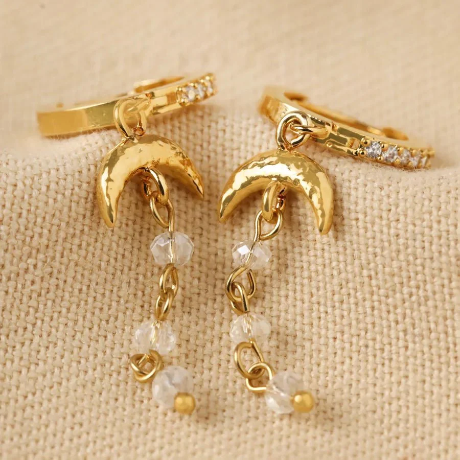 Lisa Angel Moon and Crystal Drop Chain Huggie Hoop Earrings in Gold