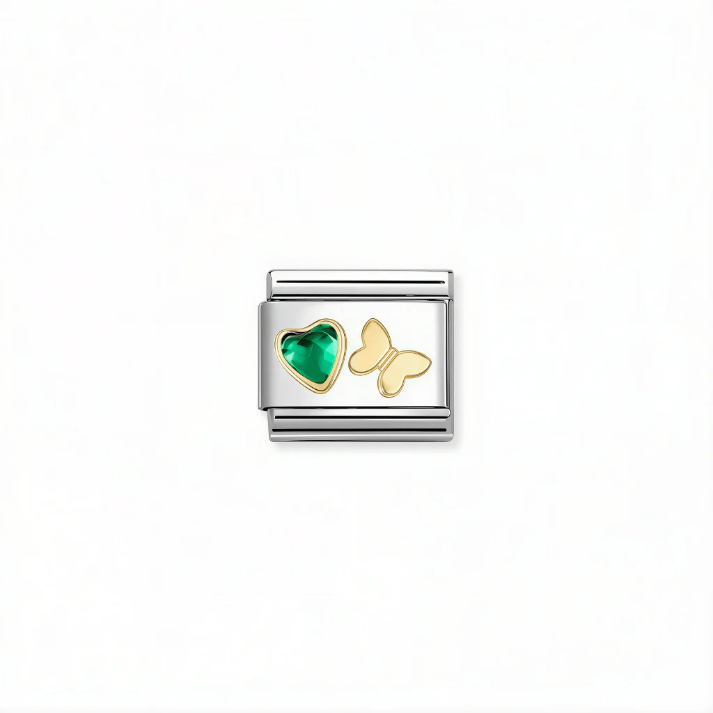 Nomination Composable Link - Green Heart & Butterfly in 18k Gold