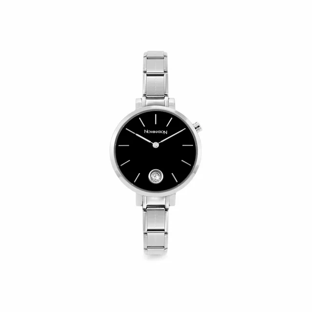 Paris Round Watch -  Black And Cubic Zirconia