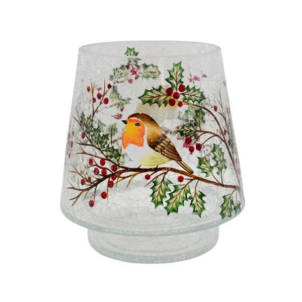 Robin & Holly Crackle Glass Candle Holder 18cm