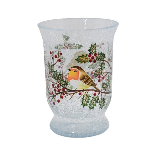 Robin & Holly Crackle Glass Hurricane 15cm – Christmas Candle Holder