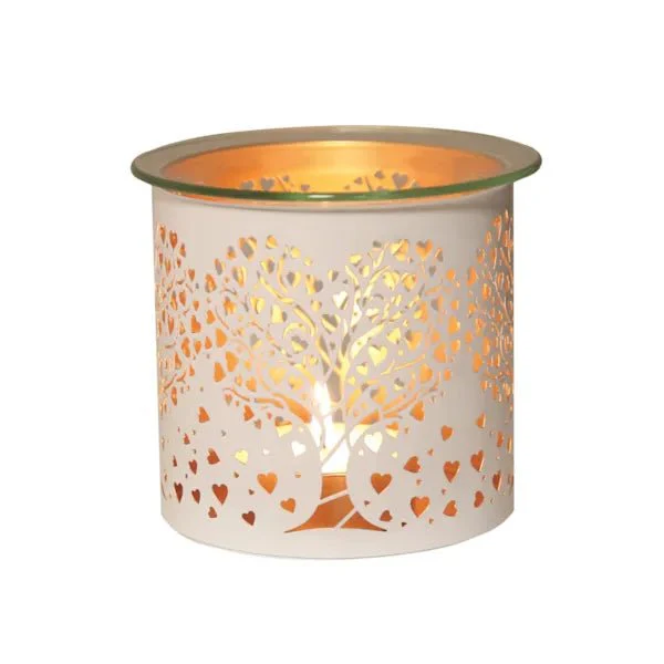 Tealight Wax Melter and Candle Holder - White & Gold Silhouette Heart Tree